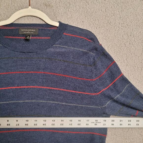 Banana Republic Sweater Men Medium Blue Stripes Merino Wool Crewneck Lightweight - Picture 5 of 6